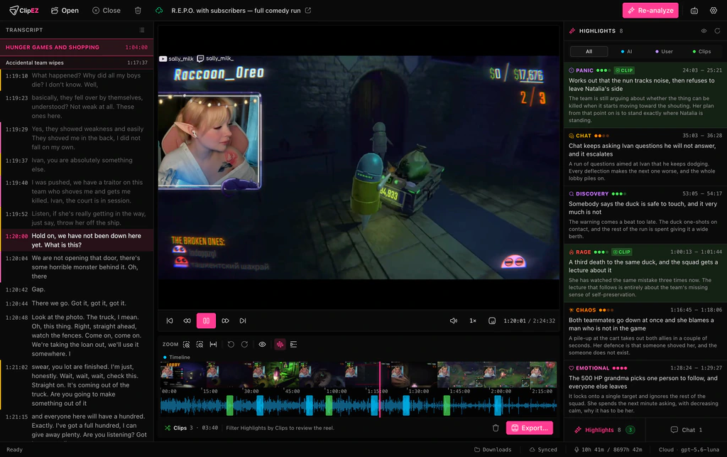 The ClipEZ desktop app with a 2 hour 24 minute stream VOD open. The left panel is the transcript, scrolled to the chapter “Hunger games and the equipment shop”, each line carrying its own timecode. The centre is the video player at 1:17:10, with the streamer's webcam inset in the corner. Below it the timeline runs the full stream, with a thumbnail strip, an audio waveform, blue blocks marking the AI suggestions and green ones marking the clips already cut. The right panel is the Highlights list: rows badged Panic, Chat, Discovery, Rage, Chaos and Emotional, each with a score, a time range and a one-line reason.